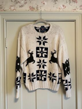 Vintage Chaps Ralph Lauren Hand-Knit Fair Isle Reindeer Sweater M Linen Cotton